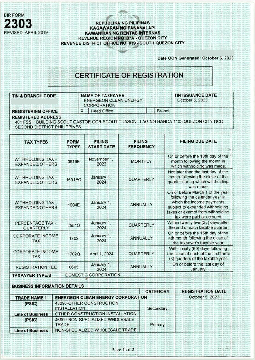 BIR Certificate of Registration of ENERGEON Clean Energy Corporation, with the tax number and OCN covered