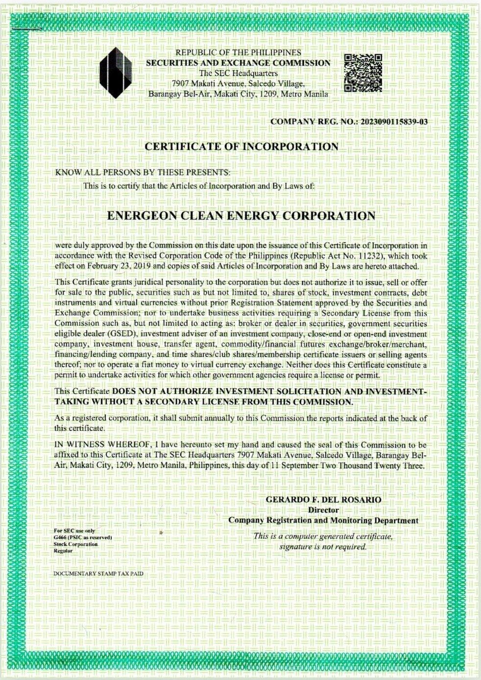 SEC Certificate of Incorporation of ENERGEON Clean Energy Corporation